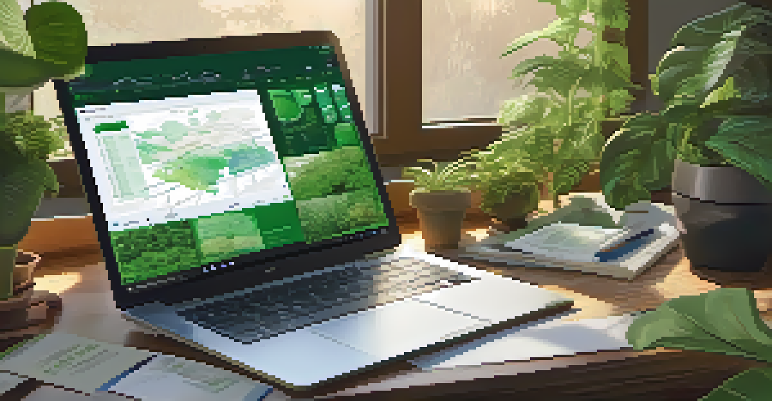 A student studying sustainability with a laptop and plants around, emphasizing an eco-friendly learning environment.