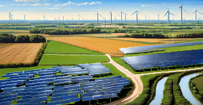 Aerial view of a renewable energy farm in Illinois with solar panels and wind turbines amidst farmland.