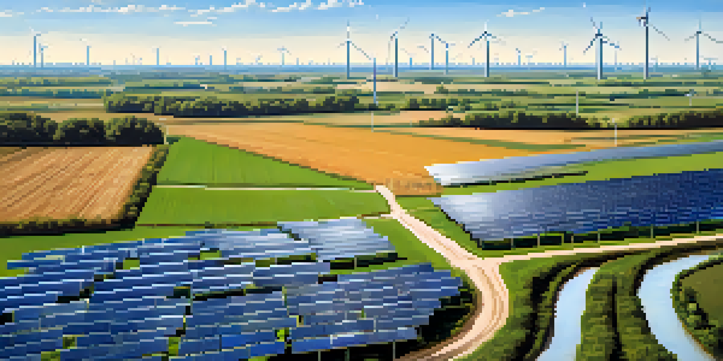 Aerial view of a renewable energy farm in Illinois with solar panels and wind turbines amidst farmland.