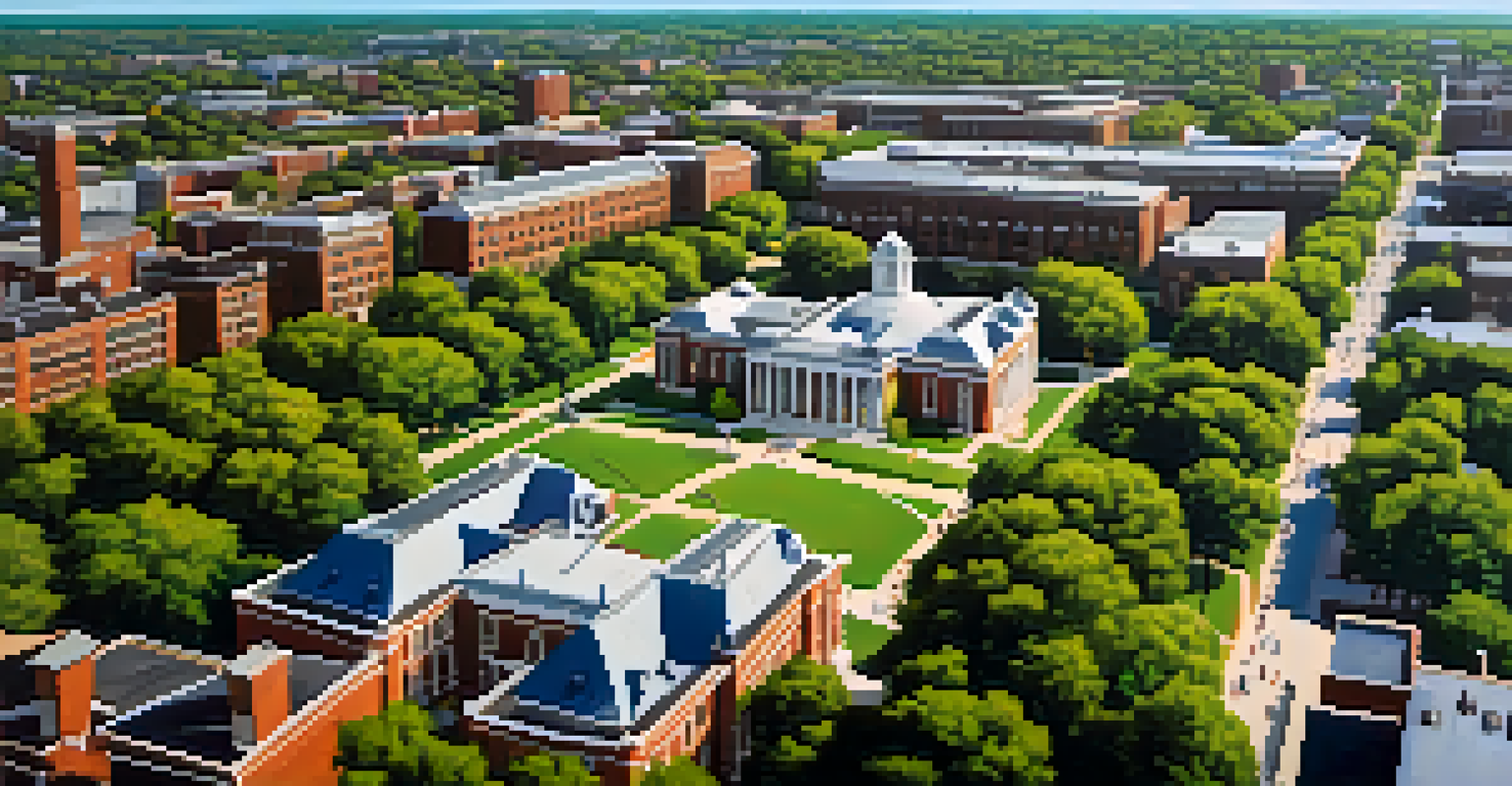 Aerial view of the University of Illinois campus with students walking and green trees in a clear sky.