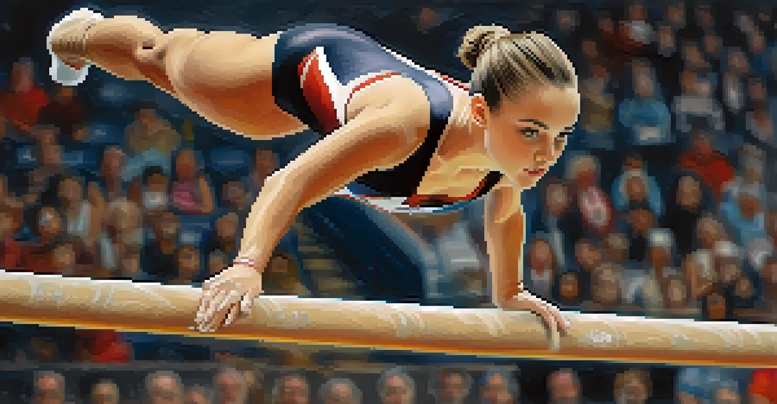 A focused female gymnast executing a routine on the balance beam, capturing her concentration and skill.