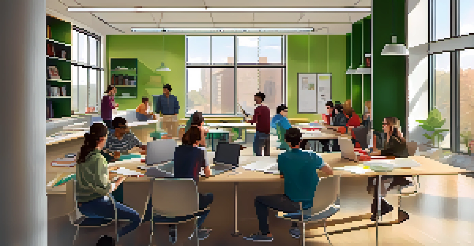 A modern study lounge at Illinois State University with students collaborating on projects, large windows providing natural light, and vibrant decor.