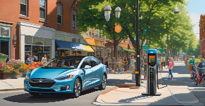A lively urban street in Illinois with an electric vehicle charging station, surrounded by greenery and people using scooters.