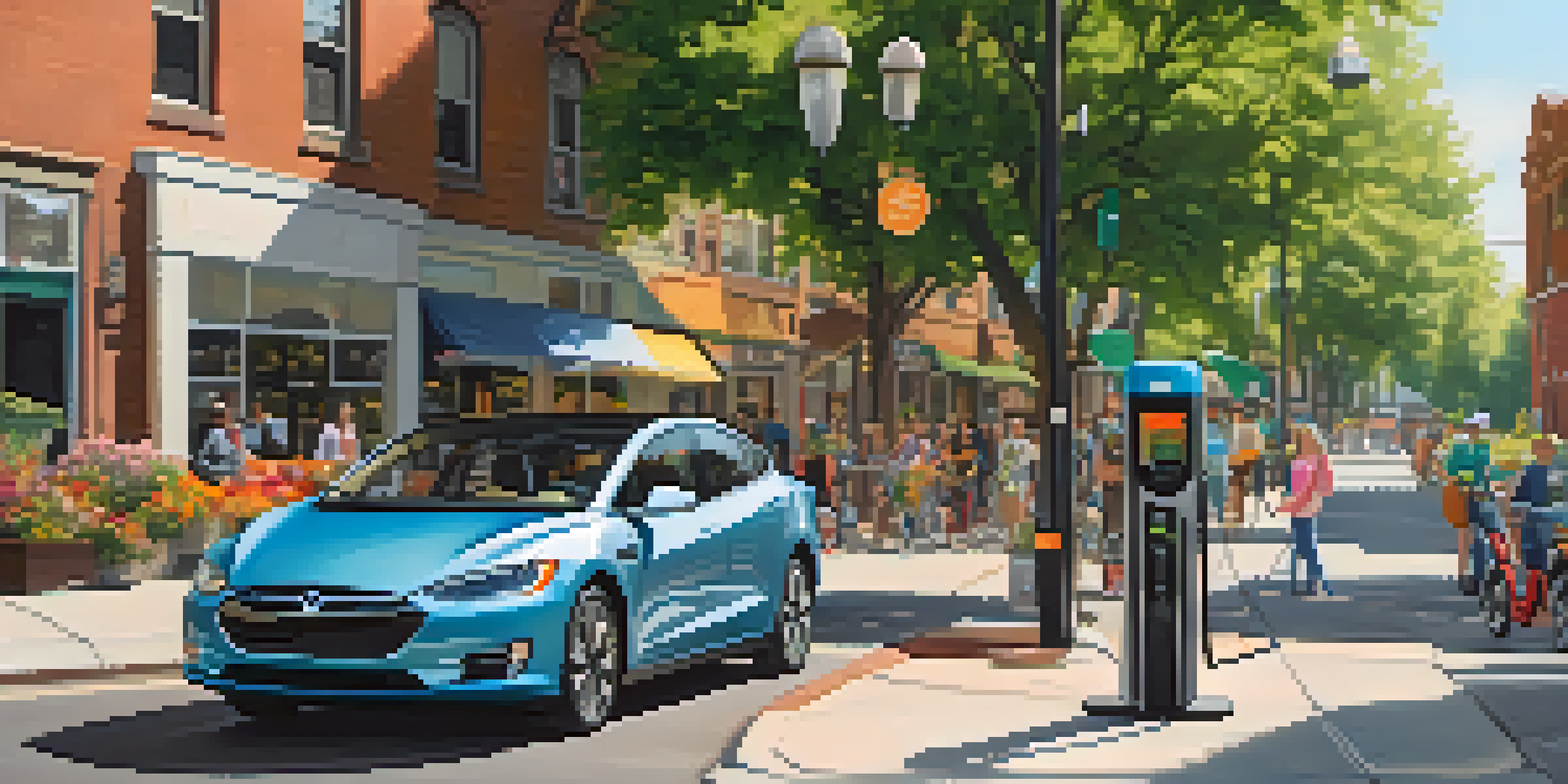 A lively urban street in Illinois with an electric vehicle charging station, surrounded by greenery and people using scooters.