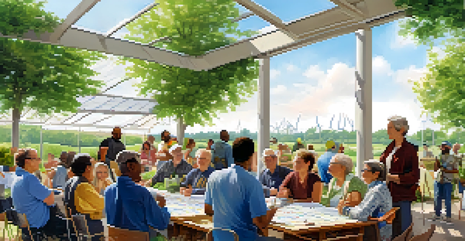 A community gathering discussing renewable energy initiatives with diverse participants and models on a table.