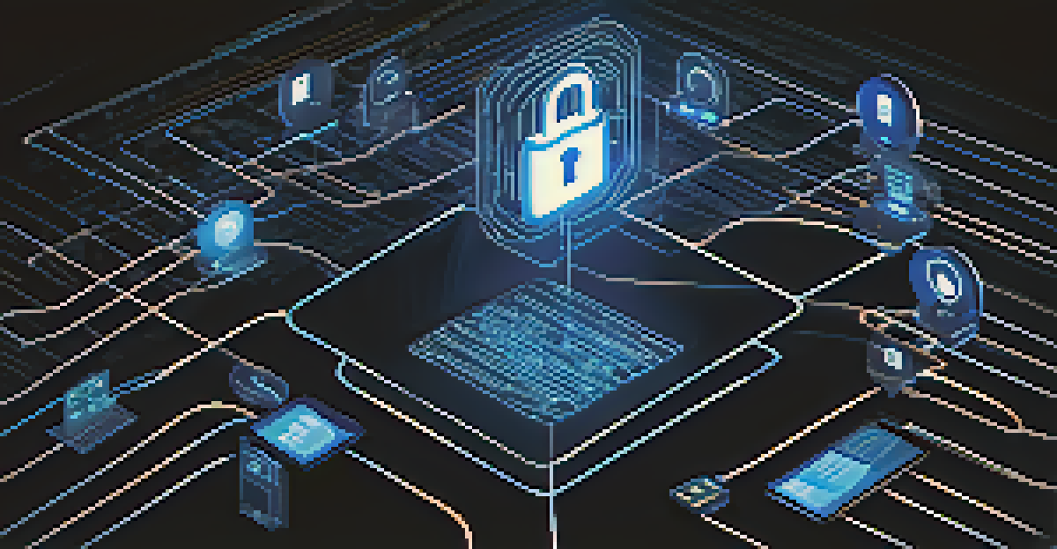 A visual representation of a secure digital environment featuring a lock symbol over a network of connected devices, emphasizing cybersecurity.