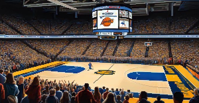 A lively college basketball game with fans in team colors, players on the court, and a scoreboard in the background.