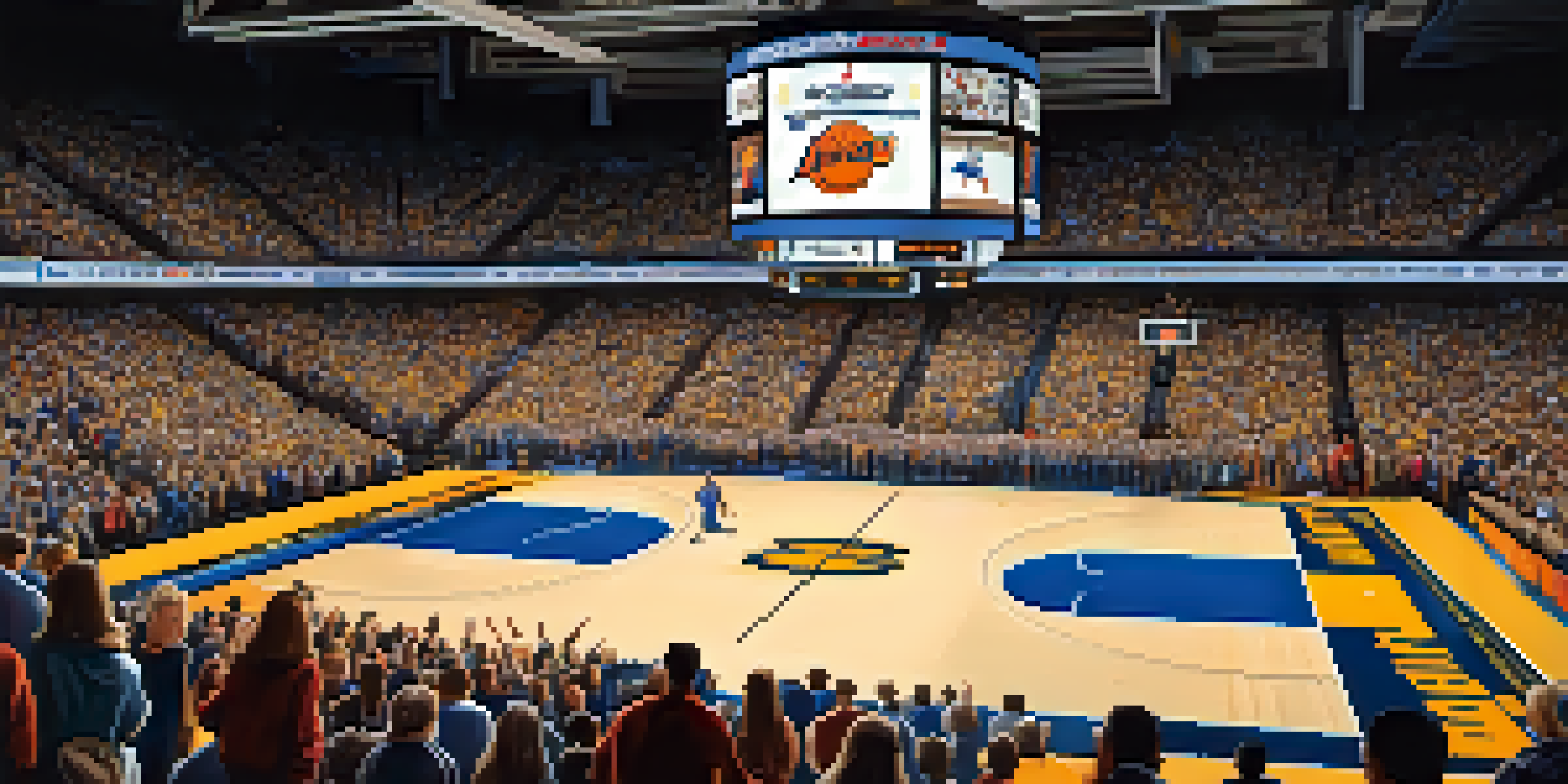 A lively college basketball game with fans in team colors, players on the court, and a scoreboard in the background.