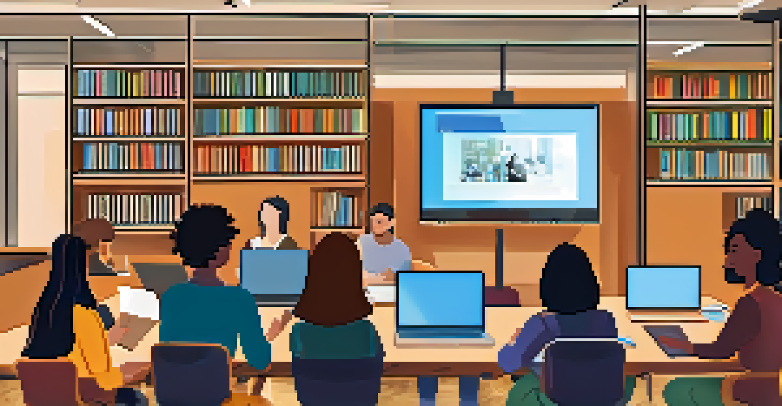 A group of adults attending a digital literacy workshop in a library, with a librarian teaching online research techniques.