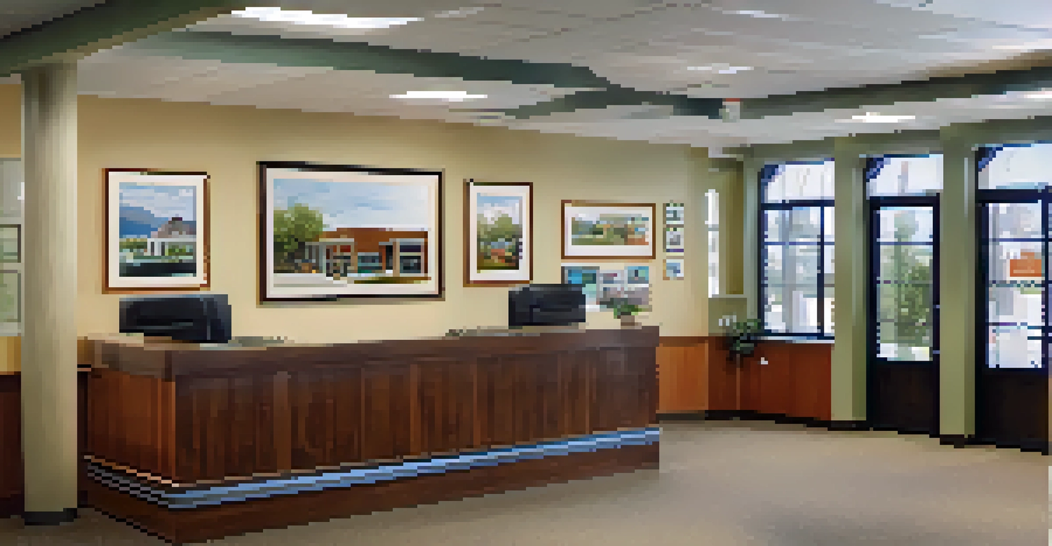 Inside a local government office reception area, with brochures and framed photographs, creating a welcoming environment for visitors.