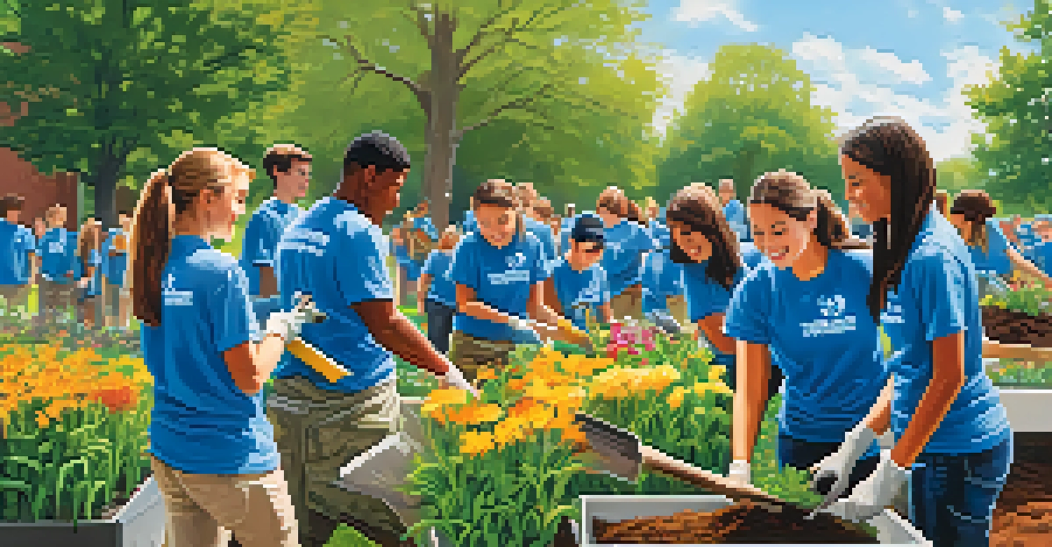 Students from Illinois State University volunteering in a park, planting flowers and cleaning up.