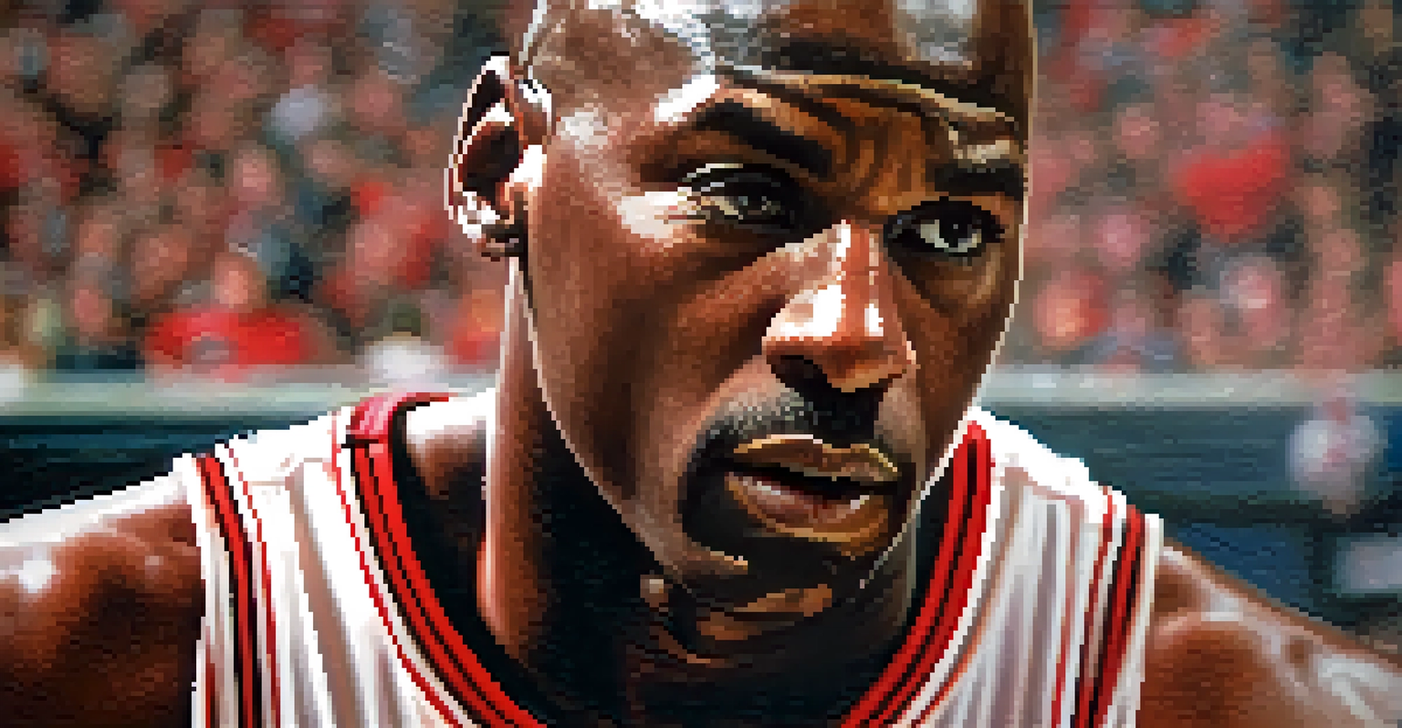 A close-up portrait of Michael Jordan in a Chicago Bulls jersey, displaying intense focus and determination.