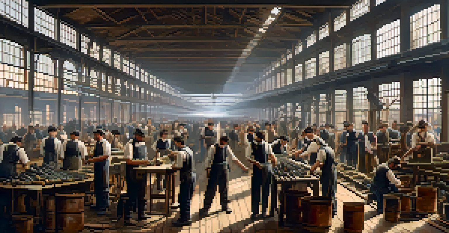 Workers in a 1860s Chicago factory assemble military supplies, illuminated by natural light.