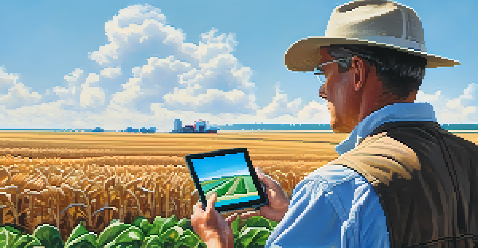 A farmer using a tablet to inspect crops with advanced agri-tech equipment in the background.