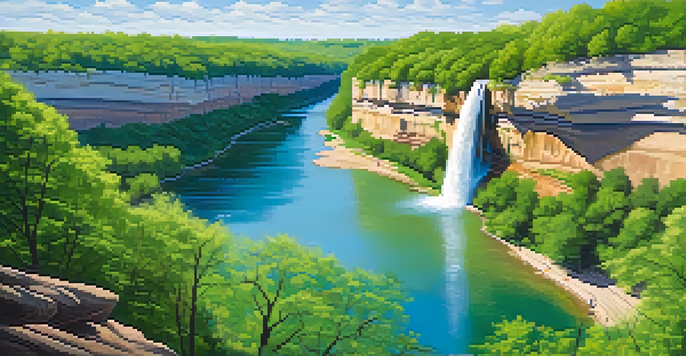 A scenic view of Starved Rock State Park featuring canyons and a waterfall amidst blooming wildflowers and hikers on a trail.