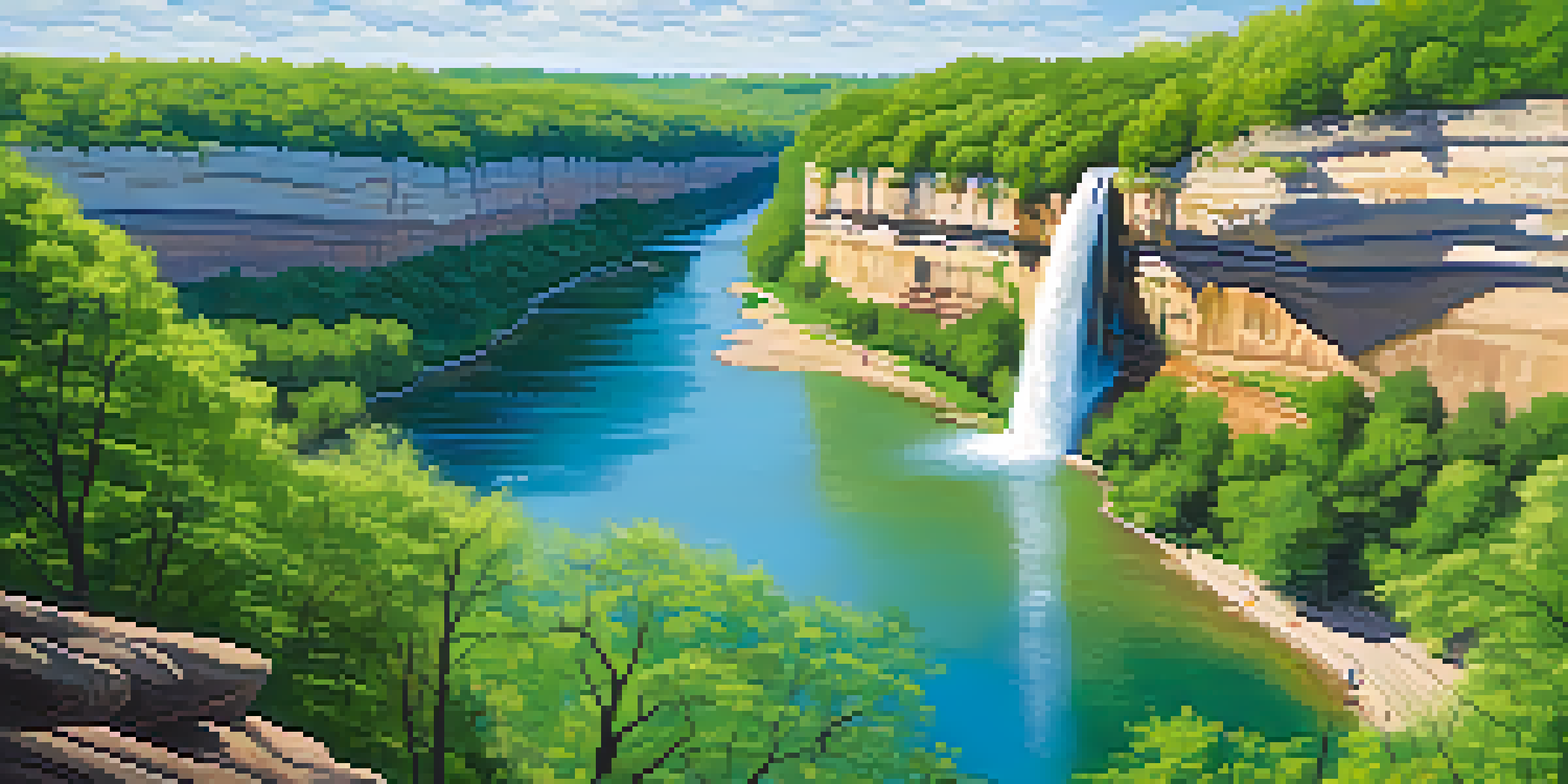 A scenic view of Starved Rock State Park featuring canyons and a waterfall amidst blooming wildflowers and hikers on a trail.