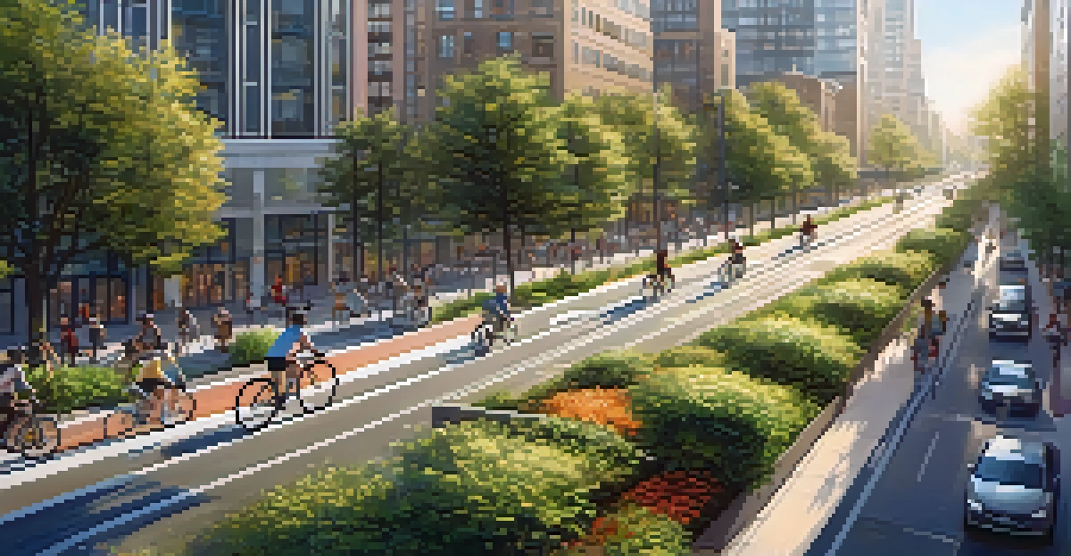 An aerial view of a city featuring bike lanes and green spaces, with cyclists enjoying the environment in warm sunlight.
