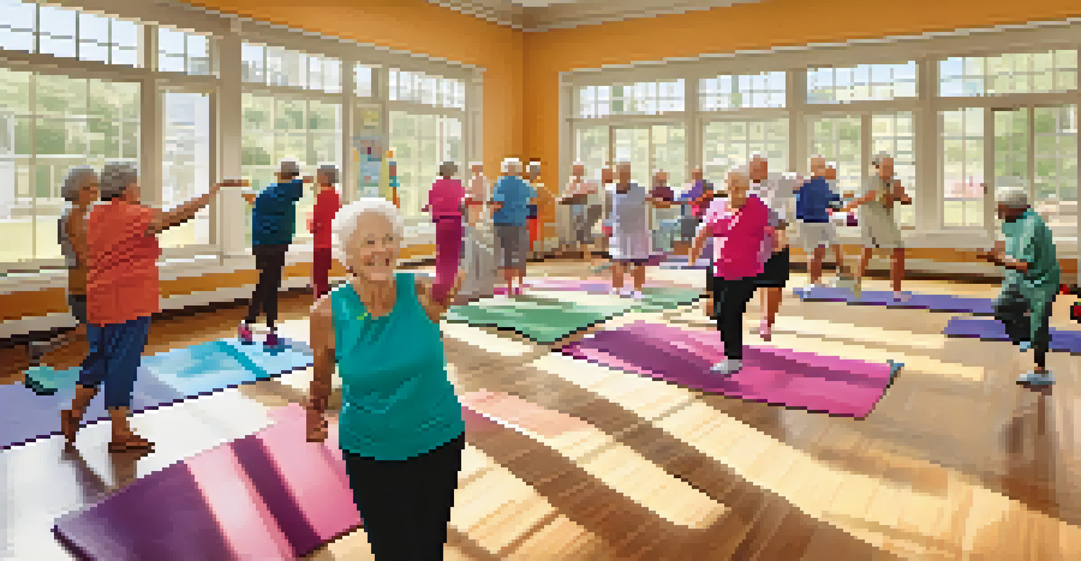 Seniors participating in a fitness class at a community center, smiling and engaging in gentle exercises.