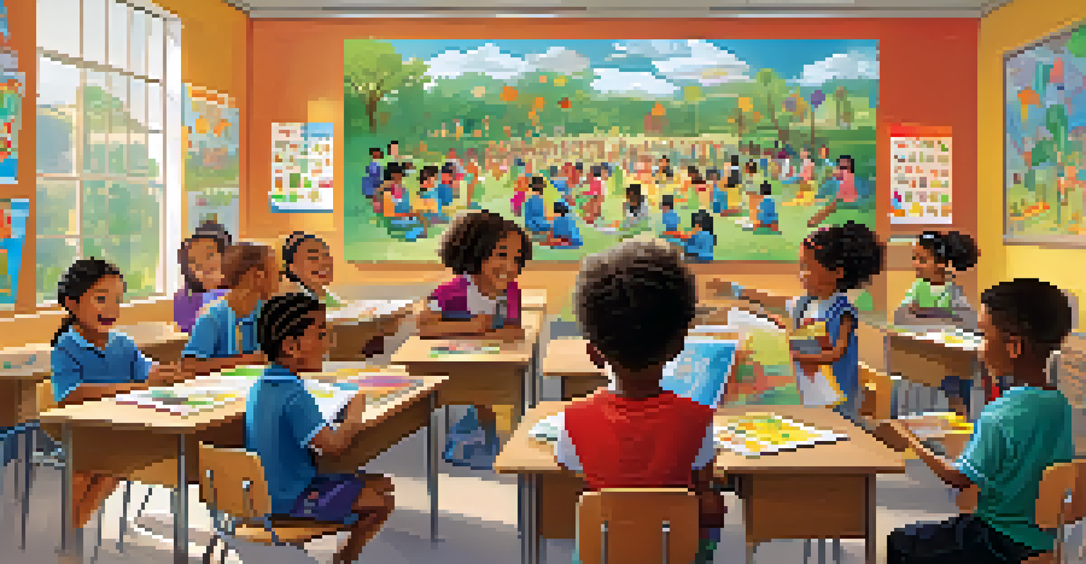 A cheerful classroom with children of diverse backgrounds participating in an educational workshop with a smiling teacher.