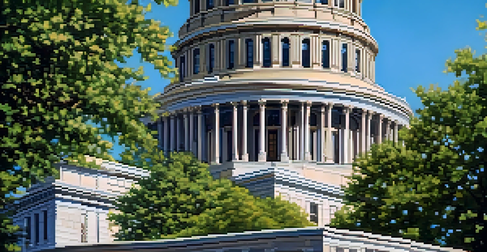 A detailed view of the Illinois State Capitol building with a golden dome, set against a blue sky and surrounded by green trees.