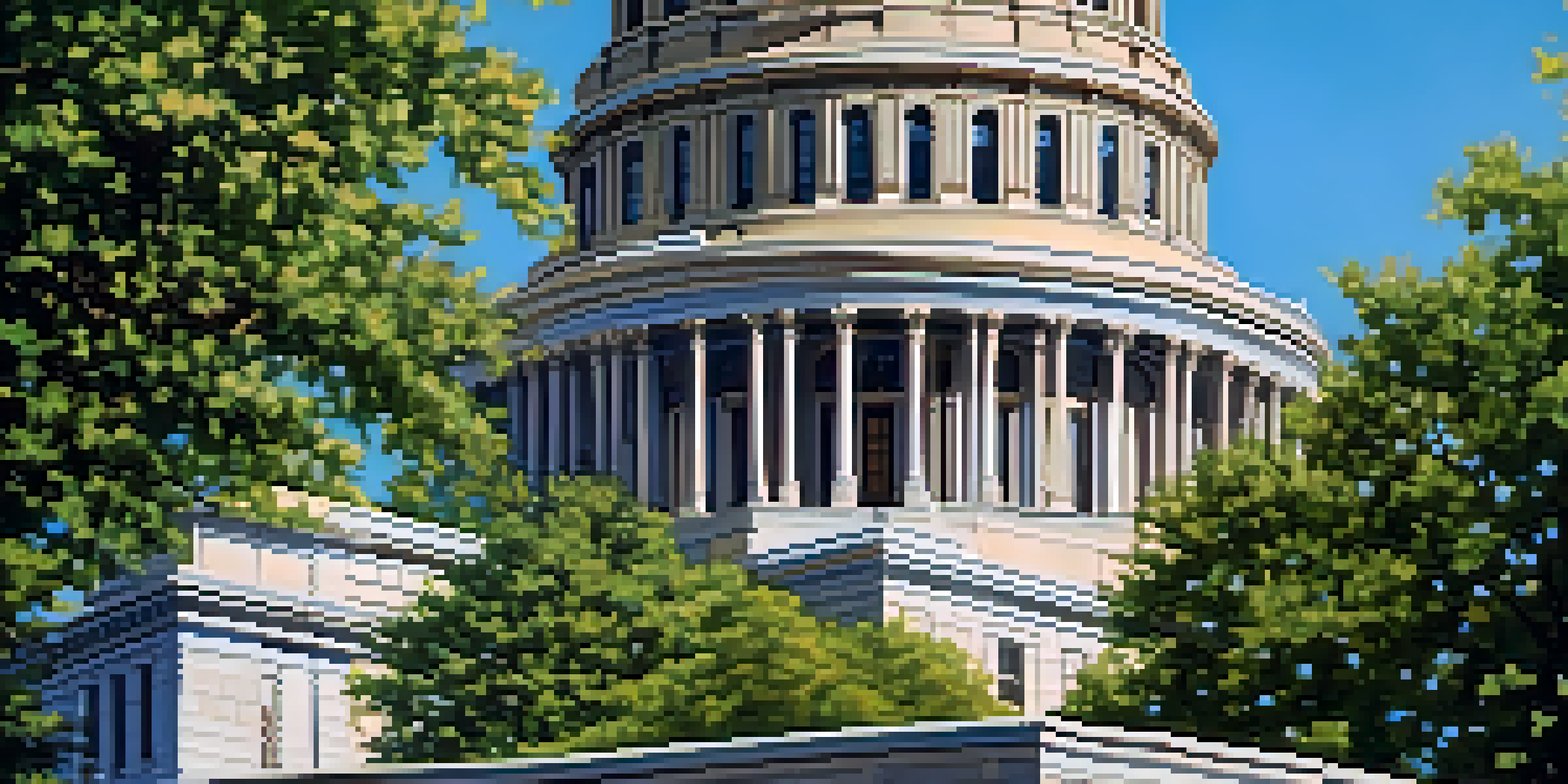 A detailed view of the Illinois State Capitol building with a golden dome, set against a blue sky and surrounded by green trees.