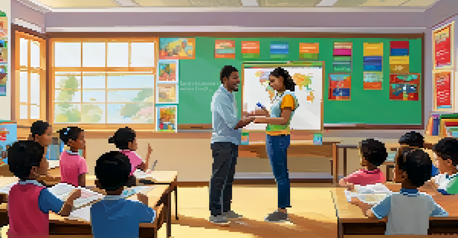 A volunteer teaching children in a colorful classroom, fostering learning and engagement.