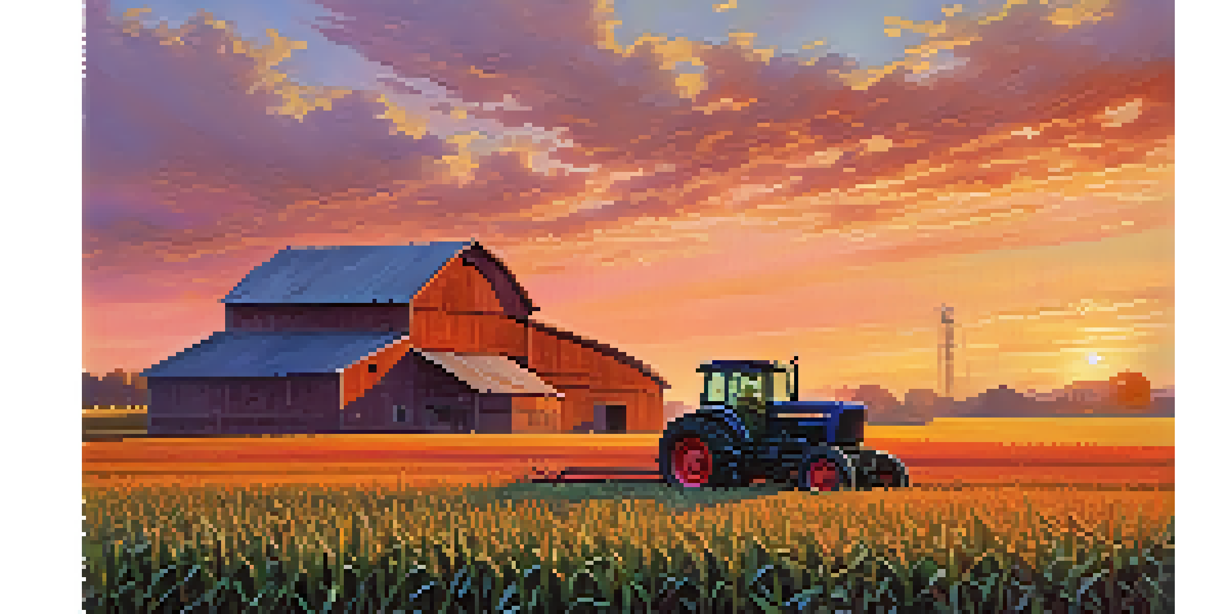 A scenic sunset over a lush cornfield in Illinois, with a barn and tractor in the foreground.