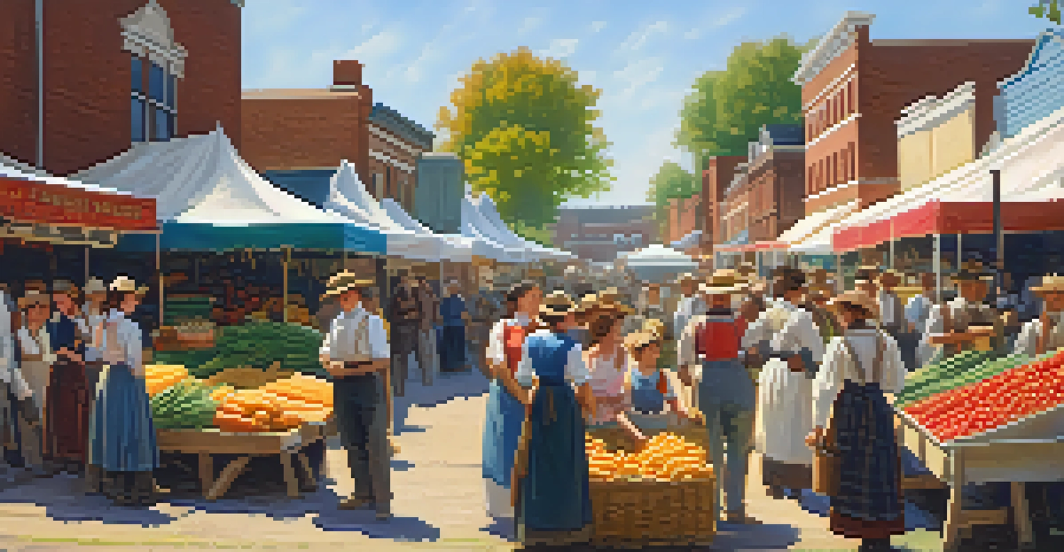 A lively farmers market scene in late 1800s Illinois, filled with fresh produce and people interacting.
