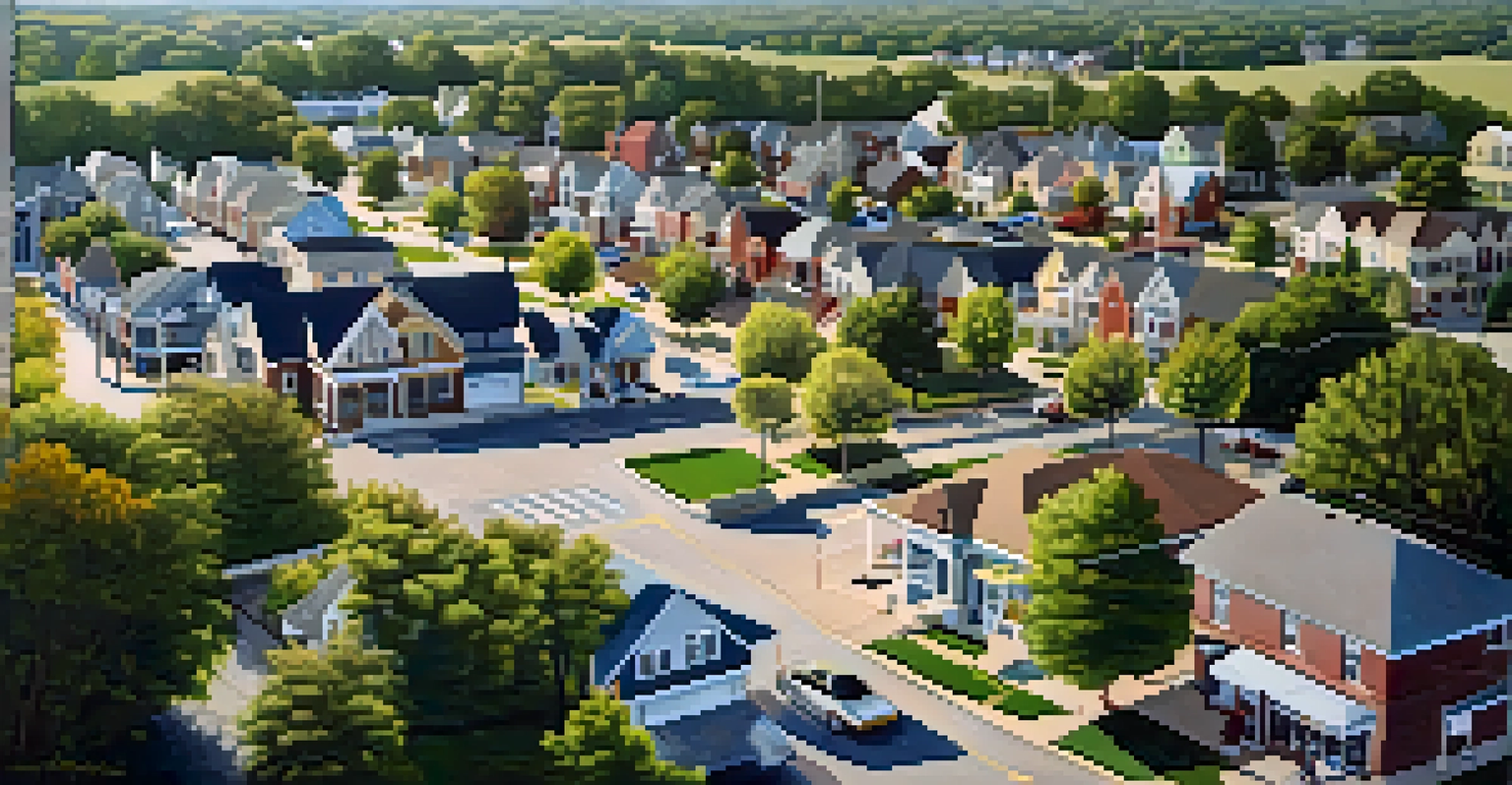 Aerial view of a small Illinois town with residential areas, parks, and local businesses, depicting community life and governance.