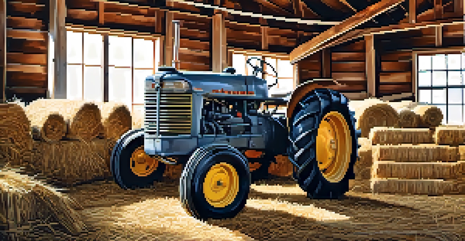 Close-up of vintage agricultural equipment in a rustic barn setting with hay bales.