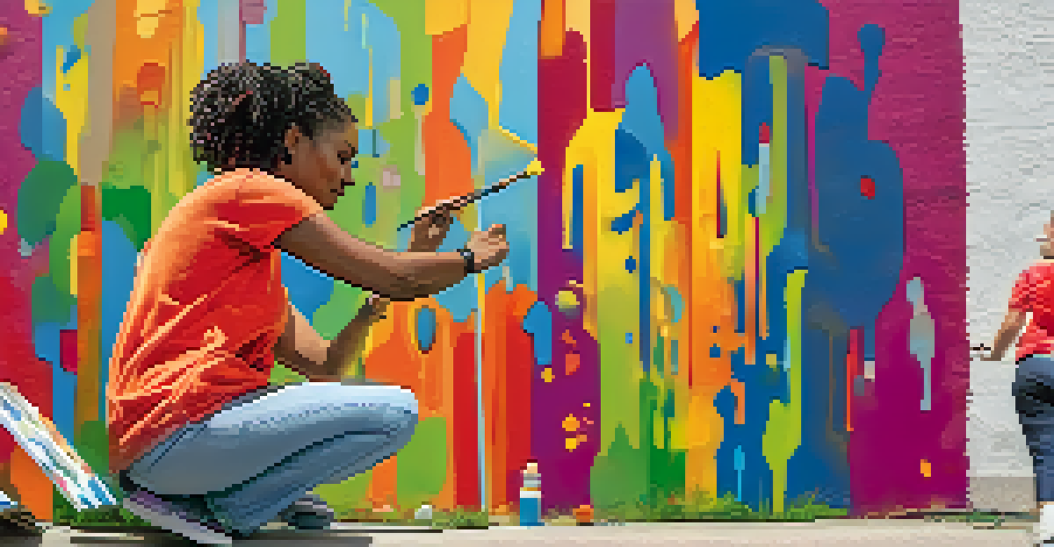 A local artist painting a colorful mural on a city wall in Illinois, demonstrating vibrant artistic expression in an urban setting.
