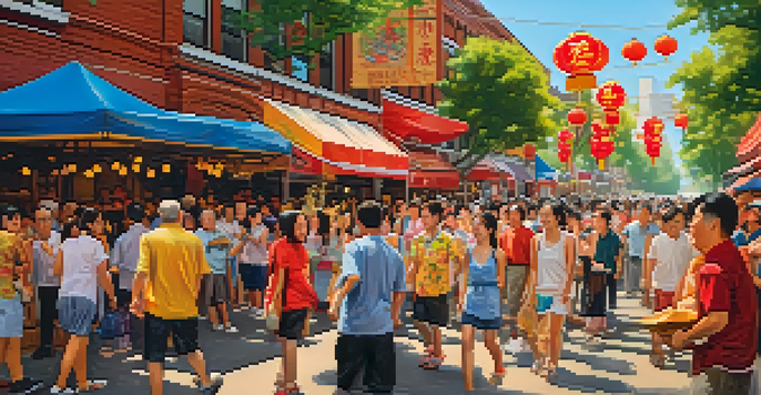 A vibrant street filled with people celebrating the Chinatown Summer Fair, featuring lion dancers and food stalls under golden sunlight.