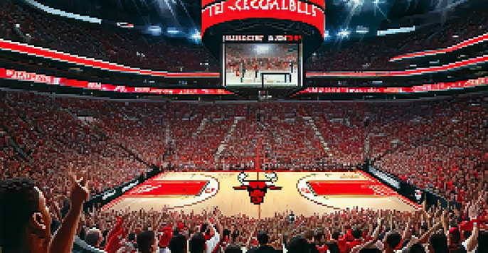 A bustling basketball game at the United Center, showing fans in Chicago Bulls jerseys and a player performing a slam dunk.
