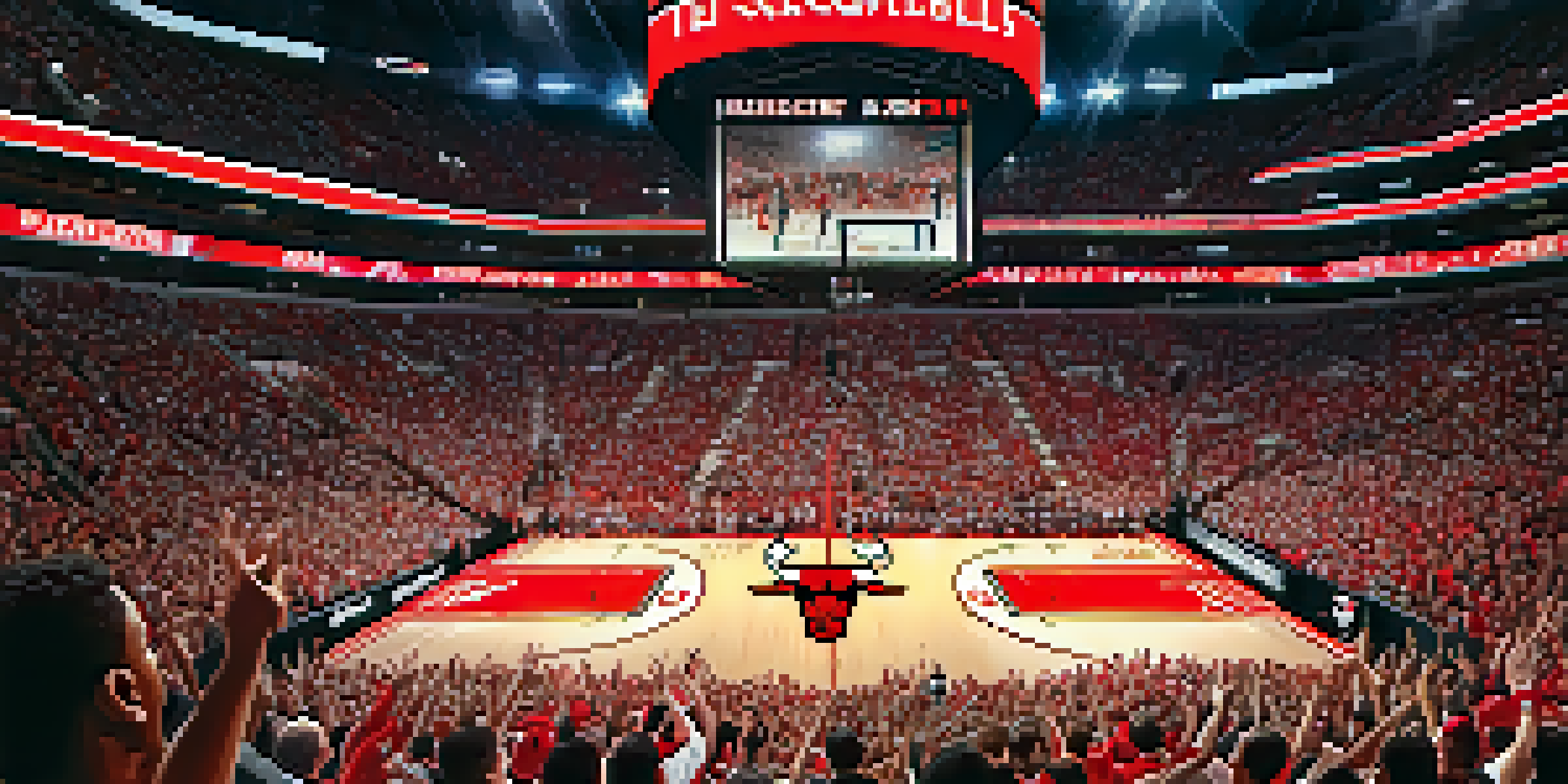 A bustling basketball game at the United Center, showing fans in Chicago Bulls jerseys and a player performing a slam dunk.