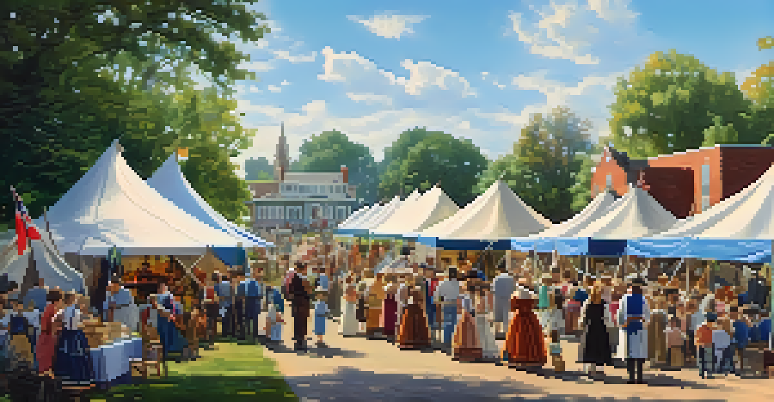 A lively community event with families participating in history activities, colorful tents, and people in period costumes under a blue sky.