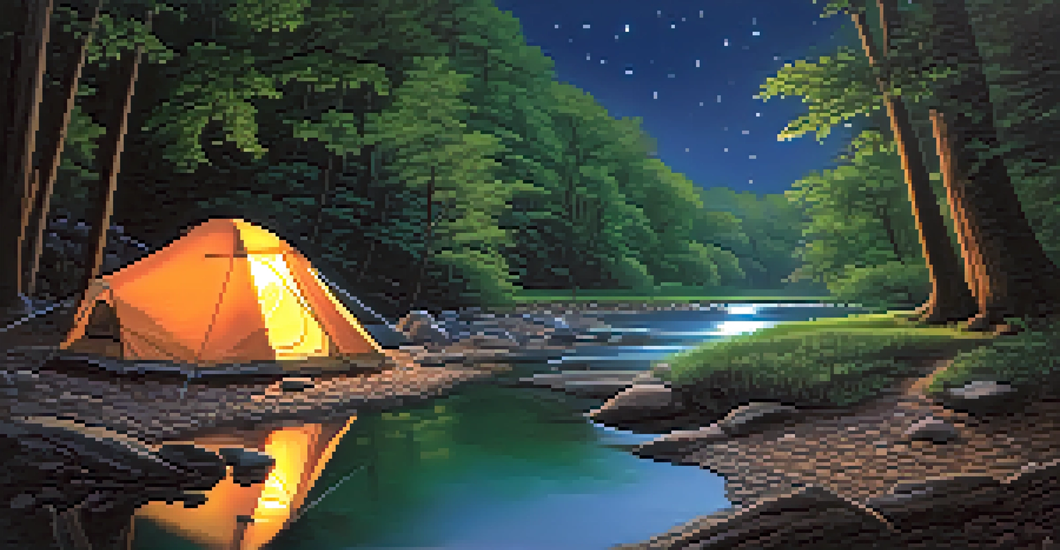 A tranquil camping scene in Matthiessen State Park with a tent by a creek under a starry sky.