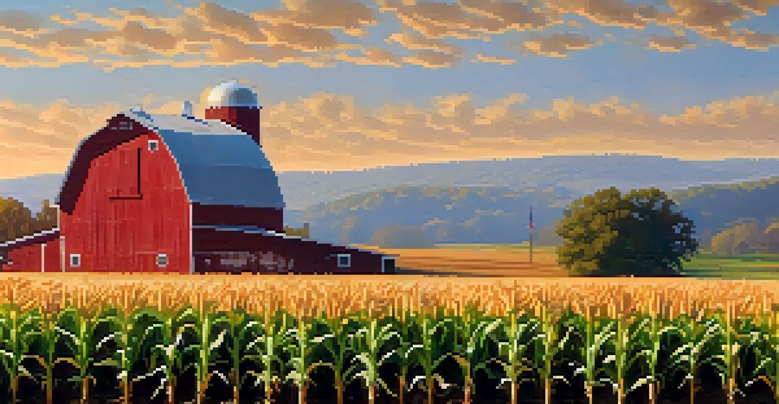 A golden hour view of a cornfield in Illinois, featuring green corn stalks and a red barn against a clear sky.