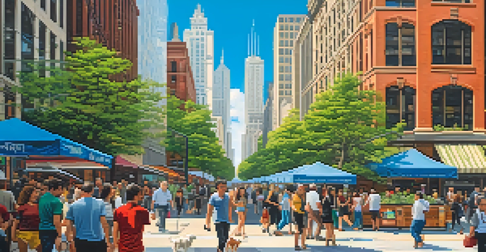 A busy street in Chicago with a mix of modern and historic architecture, people walking and engaging in vibrant city life.