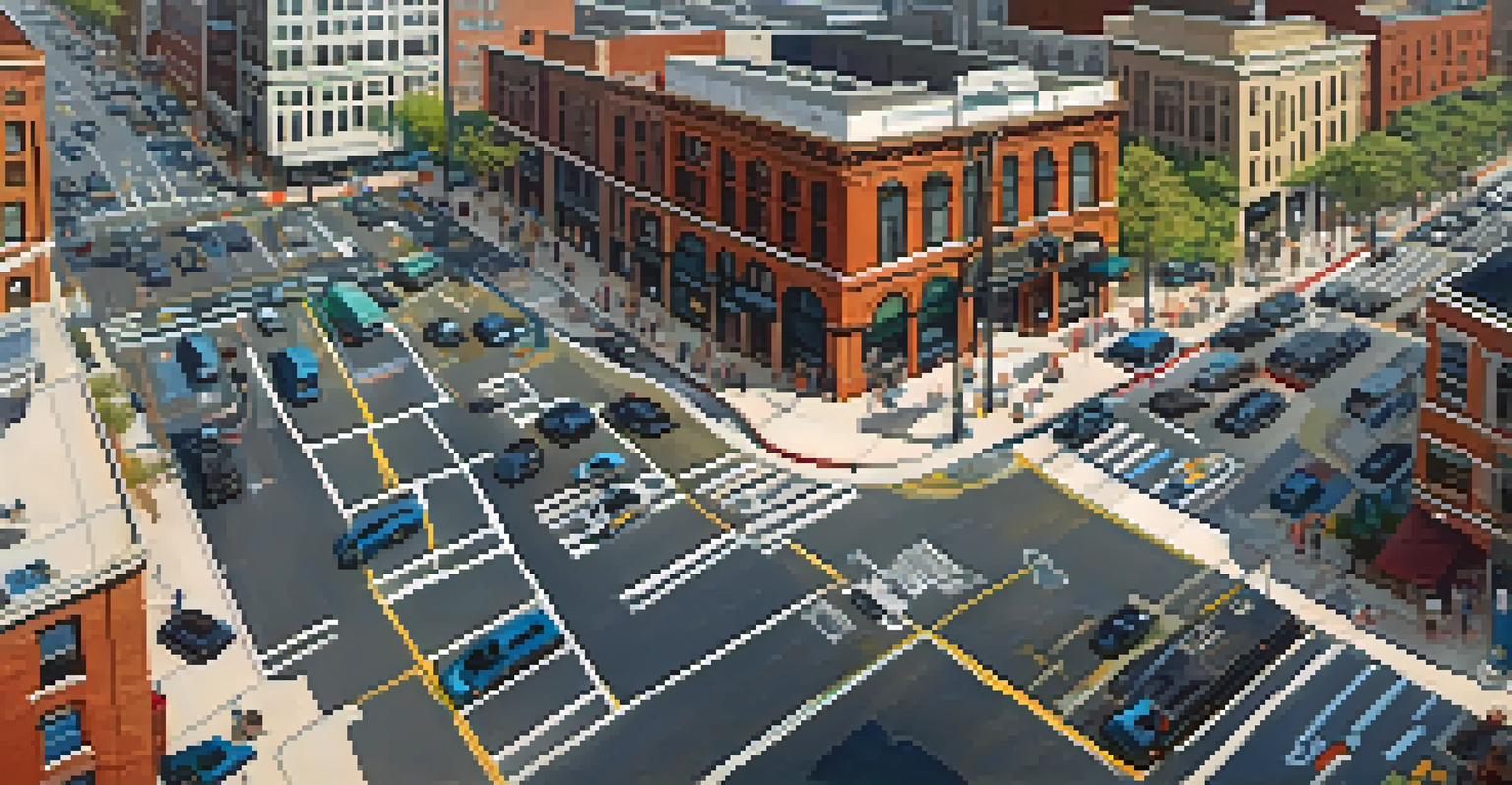 Aerial view of a busy urban intersection in Illinois with traffic management systems and drones monitoring the area.