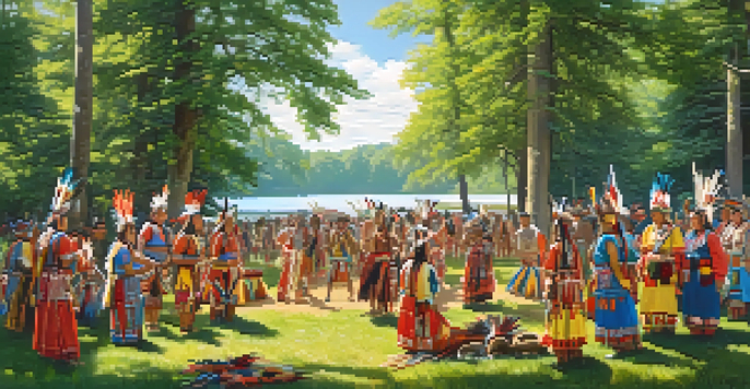 A traditional Indigenous gathering with colorful dancers and musicians in a natural landscape, surrounded by trees and a river.