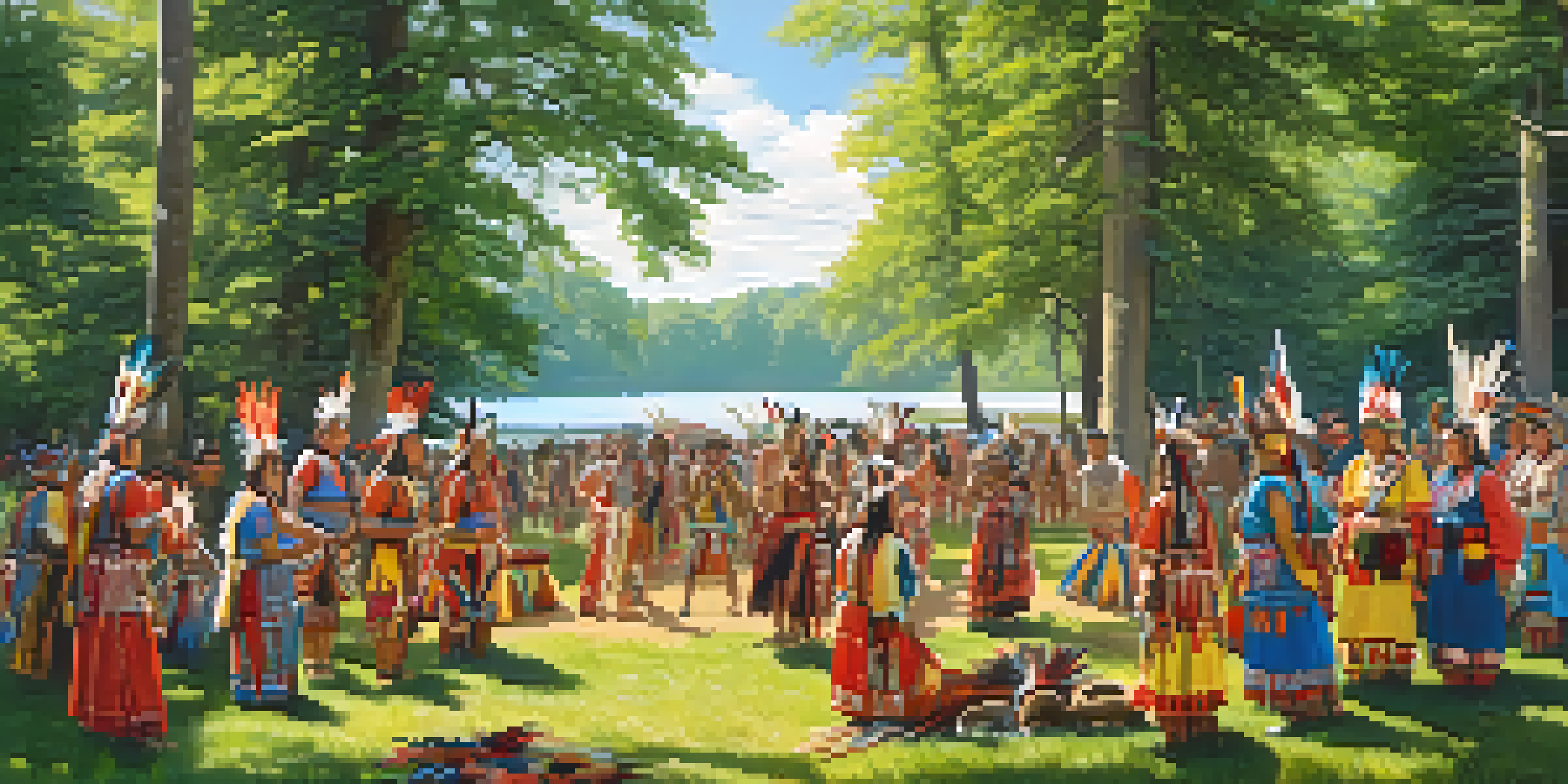 A traditional Indigenous gathering with colorful dancers and musicians in a natural landscape, surrounded by trees and a river.