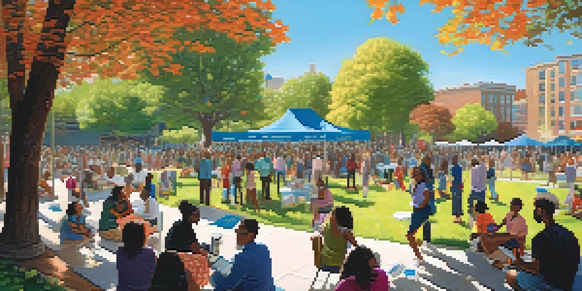 A diverse group of people in an urban park discussing social issues, surrounded by colorful banners and nature.