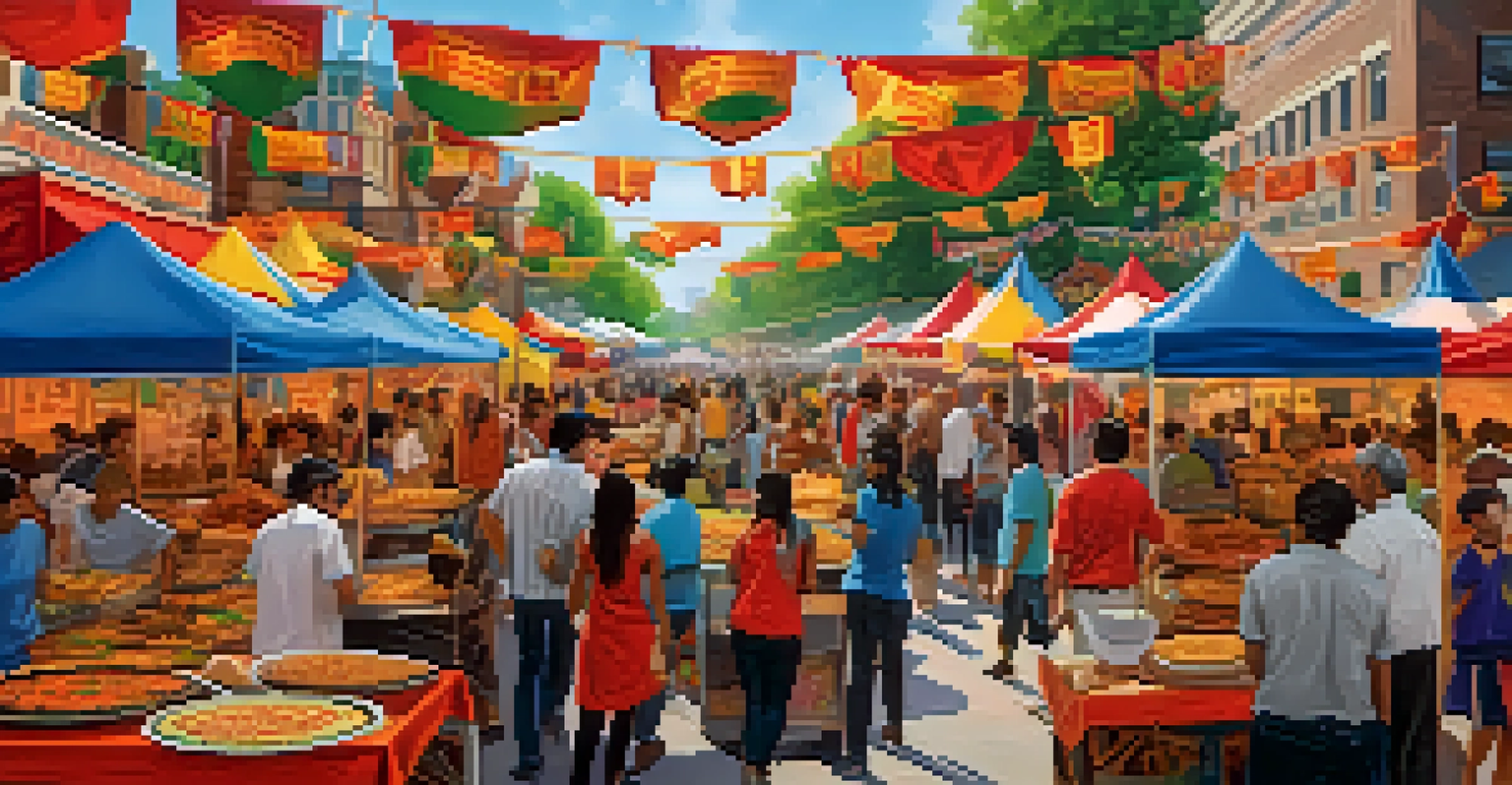 A food festival in Illinois with diverse food stalls and people enjoying various cuisines.