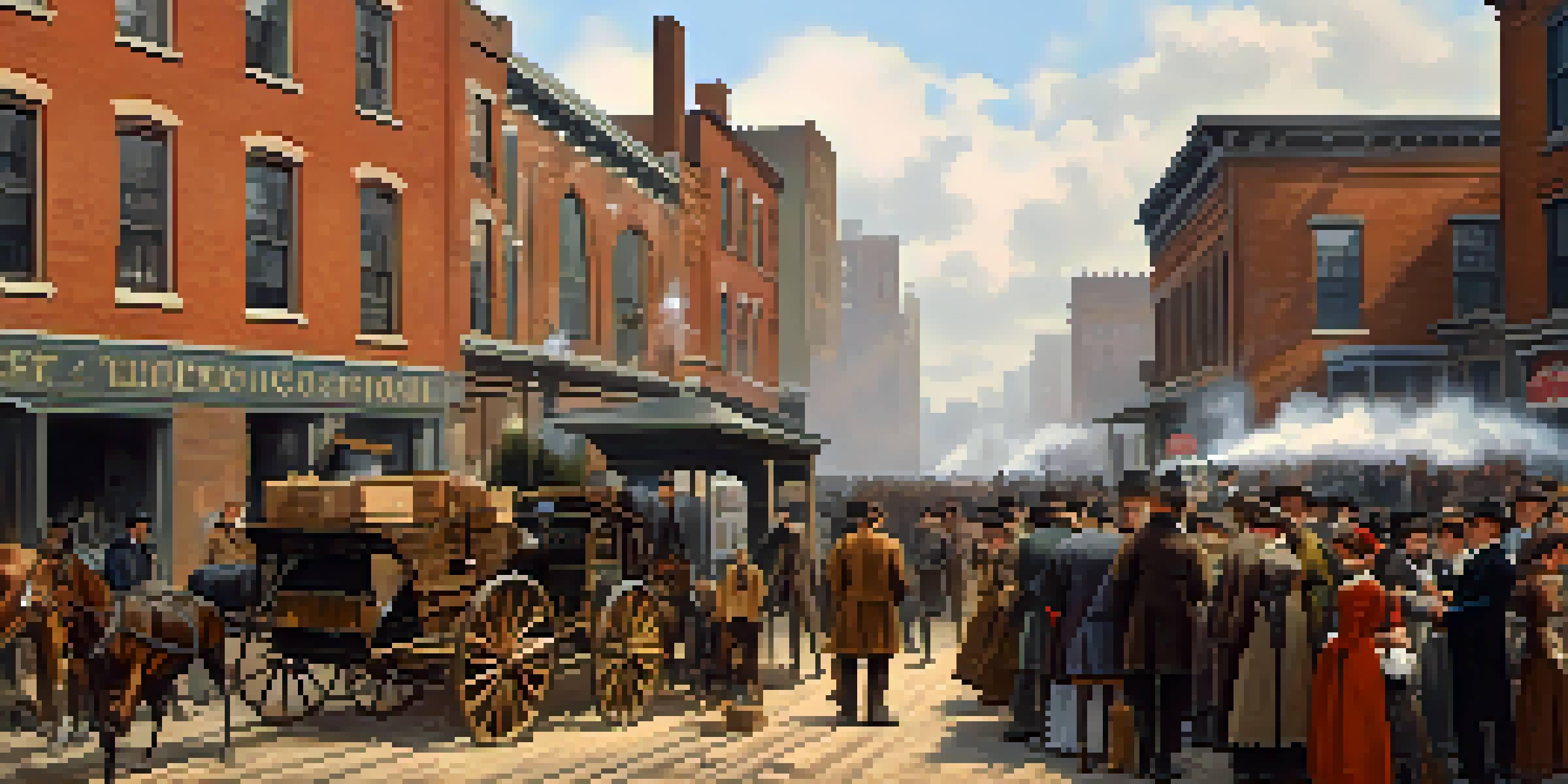 A historical depiction of early 19th century Chicago showing people around a sanitation station, with horse-drawn carriages and industrial buildings.