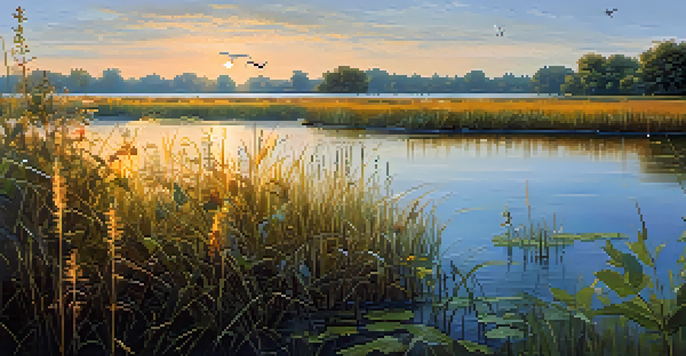 A peaceful wetland scene in Illinois at sunrise, with native plants, vibrant flowers, and birds in flight.