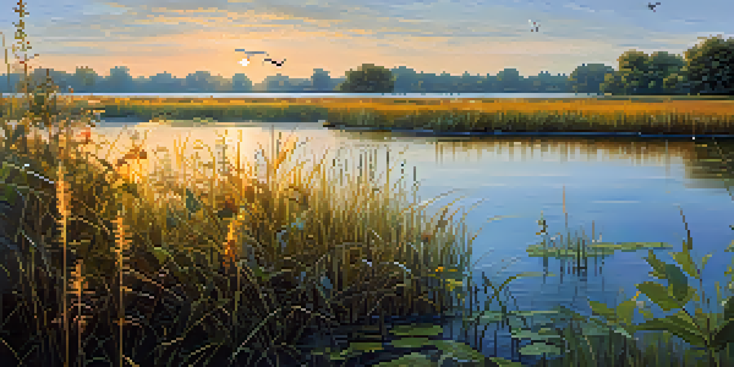 A peaceful wetland scene in Illinois at sunrise, with native plants, vibrant flowers, and birds in flight.