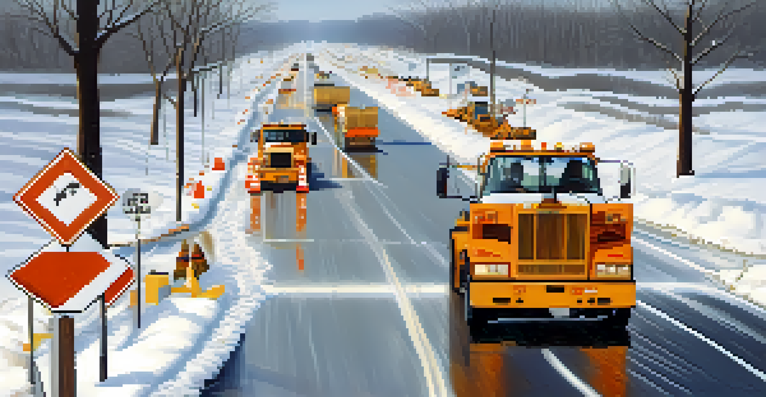 A snowy road in Illinois with snowplows clearing the path and visible traffic signs for safety.