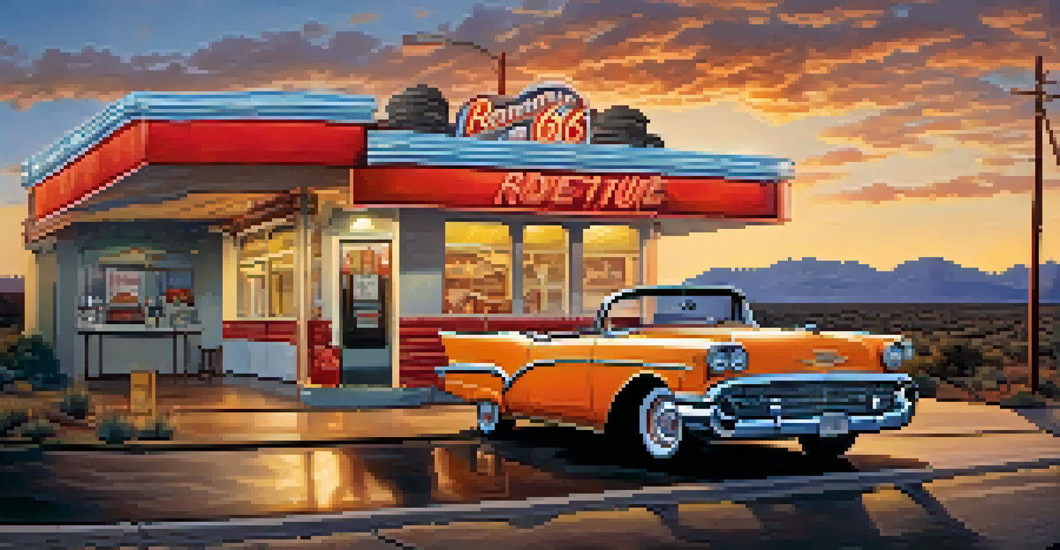 A nostalgic scene of Route 66 with a classic diner and iconic roadside attractions under a vibrant sunset sky.