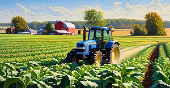 A vibrant cornfield with a tractor in the distance under a clear blue sky, showcasing the agricultural landscape of Illinois.