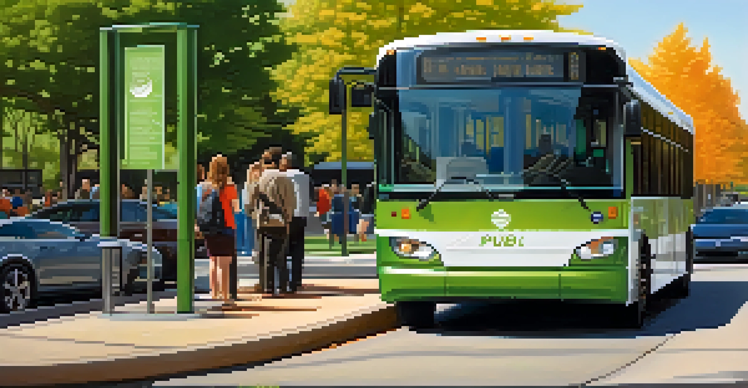A renewable energy bus at a modern bus stop in Illinois, with passengers and greenery in the background under warm afternoon light.